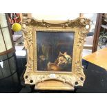 A 19TH CENTURY OIL ON BOARD OF YOUNG LOVERS AND A SLEEPING MAN IN AN ORNATE GILTWOOD FRAME