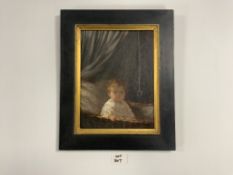 ALGERNA ROWE - OIL ON WOOD PANEL - STUDY OF A CHILD IN A COT, SIGNED AND INSCRIBED ON VERSO, 25 X