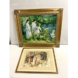 A MODERN OIL IN GILT FRAME STUDY OF CHILDREN FEEDING DUCKS, 60 X 50CMS, AND A W. RUSSELL FLINT