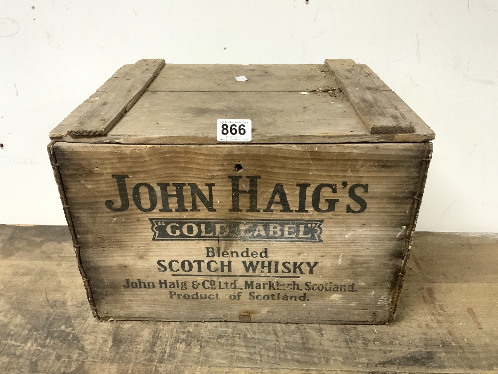 VINTAGE WOODEN CRATE JOHN HAIGS GOLD LABEL SCOTCH WHISKY, 43 X 34 X 30CMS
