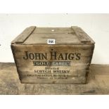 VINTAGE WOODEN CRATE JOHN HAIGS GOLD LABEL SCOTCH WHISKY, 43 X 34 X 30CMS