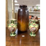 A LARGE 1960S WEST GERMAN BROWN GLAZED VASE (A/F) AND A PAIR OF LATE VICTORIAN ARTWARE VASES
