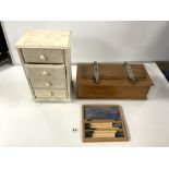 A VINTAGE TIE BOX AND PRESS, MINIATURE PAINTED CHEST OF FOUR DRAWERS AND AN ARTISTS BOX