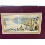 A ARNO LEMKE PRINT HARBOUR VILLAGE SCENE AND MOUNTAINS, LAKE LUGANO