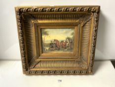 OIL OF FIGURES AND HORSES IN A LANDSCAPE IN A GILT FRAME, 19 X 24CMS