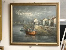 1960S OIL ON CANVAS - FISHING BOATS IN HARBOUR SIGNED COSWAY, 59 X 49CMS