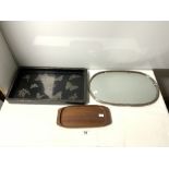 A LACQUERED DRINKS TRAY, A MIRRORED, PLATED, FRAMED TRAY, AND A SMALL WOODEN TRAY