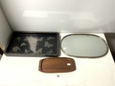 A LACQUERED DRINKS TRAY, A MIRRORED, PLATED, FRAMED TRAY, AND A SMALL WOODEN TRAY