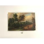 A SMALL VICTORIAN OIL ON CANVAS FIGURE OF A LADY IN COUNTRY LANE WITH CHURCH SPIRE IN BACKGROUND,