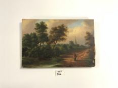 A SMALL VICTORIAN OIL ON CANVAS FIGURE OF A LADY IN COUNTRY LANE WITH CHURCH SPIRE IN BACKGROUND,