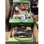 TWO BOXES OF BICYCLE PARTS, PUMPS, LIGHTS, SOME VINTAGE