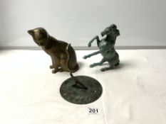 A BRONZE FIGURE OF A PRANCING HORSE, 20CM, A BRASS FIGURE OF A CAT AND A SMALL BRONZE SUN DIAL