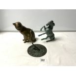 A BRONZE FIGURE OF A PRANCING HORSE, 20CM, A BRASS FIGURE OF A CAT AND A SMALL BRONZE SUN DIAL