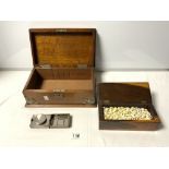 A LATE VICTORIAN CIGAR BOX WITH MOUNTS, A HARDWOOD BOX OF SHELLS AND A PEWTER CIGARETTE BOX
