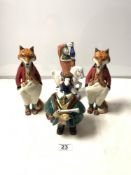 A RYE POTTERY FIGURE ON HORSEBACK, TWO RYE POTTERY GENTLEMAN FIGURES 'MR FOX' AND A RYE POTTER