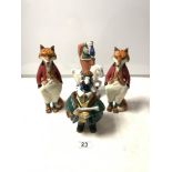 A RYE POTTERY FIGURE ON HORSEBACK, TWO RYE POTTERY GENTLEMAN FIGURES 'MR FOX' AND A RYE POTTER