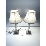 A PAIR OF MODERN CHROME TABLE LAMPS AND SHADES