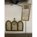 A RELIGIOUS GILT METAL JEWELLED TRIPTYCH FRAMED PRAYER 50 X 40CMS AND ANOTHER FRAMED PRAYER