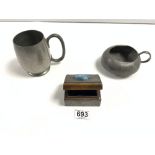 A LIBERTY TUDRIC PEWTER TANKARD, A TUDRIC PEWTER JUG AND A PEWTER ON WOOD BOX WITH A CERAMIC INSET