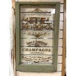 A FRAMED GLASS WINDOW WITH HOTEL METROPOL - 28 RUE DE L'ARC DE TRIOMPHE ADVERTISING, 38 X 66CMS