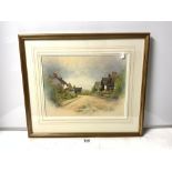 A 20TH CENTURY WATERCOLOUR OF A VILLAGE STREET- CROPTHORNE SIGNED BY CHRISTOPHER HUGHES, 38 X 30CMS