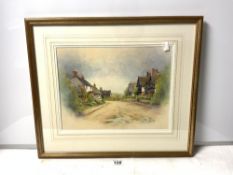 A 20TH CENTURY WATERCOLOUR OF A VILLAGE STREET- CROPTHORNE SIGNED BY CHRISTOPHER HUGHES, 38 X 30CMS