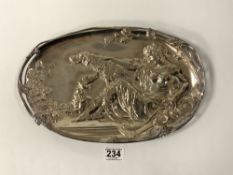 AN ART NOUVEAU SILVER-PLATED OVAL DISH WITH MAIDEN AND HUNTING DOFS, 36 X 23CMS