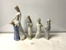 A LLADRO STYLE FIGURE OF MOTHER AND CHILD AND THREE SMALLER LLADRO FIGURES ( 1 A/F)