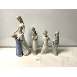 A LLADRO STYLE FIGURE OF MOTHER AND CHILD AND THREE SMALLER LLADRO FIGURES ( 1 A/F)