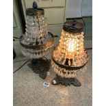 TWO BRASS AND CRYSTAL DROP TABLE LAMPS, 45CMS