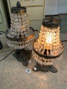 TWO BRASS AND CRYSTAL DROP TABLE LAMPS, 45CMS