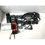 A VINTAGE YASHIC MAT = 124 CAMERA IN ORIGINAL CASE, A CHINON CE-45 CAMERA, VIVITAR TELESCOPIC