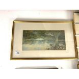 A WATERCOLOUR DRAWING - LANDSCAPE WITH SHEEP SIGNED E. L'AMIE 17 X 35CMS