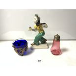 A PORCELAIN BLACKAMOOR FIGURE 30CMS, A CRANBERRY SIFTER AND A BLUE GLASS AND PLATED SUGAR BOWL