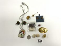 A PAIR OF STAMPED SILVER AND AMBER DROP EARRINGS, A JAPANESE CERAMIC PENDANT, A LAQUER PORTRAIT