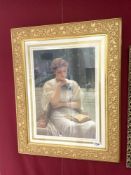 A MODERN PRINT OF A MAIDEN IN ORNATE GILT FRAME, 38 X 52CMS