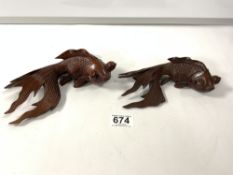 TWO JAPANESE CARVED HARDWOOD KOI FISH WITH GLASS EYES, 20 + 18CMS