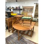 A LARGE TEAK DROP LEAF GARDEN TABLE, 120 X 70 X 74CMS, AND SIX FOLDING MATCHING CHAIRS AND A SMALL