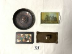 A BRONZE PAPERWEIGHT, A MARBLE PAPERWEIGHT AND A GLASS PAPERWEIGHT WITH AN EDWARD VII DISH.