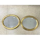 A PAIR OF OVAL GILT FRAMED WALL MIRRORS, 57 X 47CMS