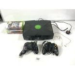 XBOX CONSOLE WITH CONTROLS AND SIX GAMES
