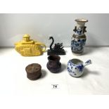 A SADLER POTTERY TANK TEAPOT, AN ORIENTAL CRACKLEWARE VASE ETC