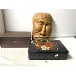 A CARVED WOODEN GROTESQUE WALL MASK, A LACQUER BOX, AND A MAHOGANY INSTRUMENT BOX
