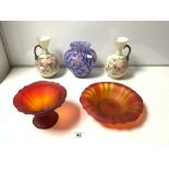 TWO LATE VICTORIAN OPALINE FLORAL GLASS JUGS, A STUDIO GLASS VASE, AND TWO FROSTED RED GLASS BOWLS