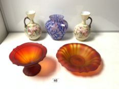TWO LATE VICTORIAN OPALINE FLORAL GLASS JUGS, A STUDIO GLASS VASE, AND TWO FROSTED RED GLASS BOWLS