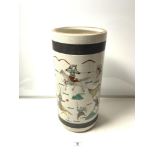 A 19TH CENTURY JAPANESE CERAMIC CRACKLE GLAZED CYLINDRICAL STICK STAND WITH FIGHTING WARRIOR