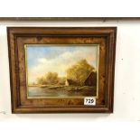 AN OIL STUDY OF FIGURES IN BOATS BY A RIVER AND HOUSES SIGNED FEHERVARI, 18 X 23CMS