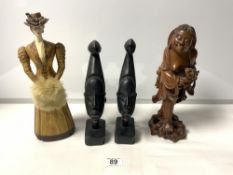 A CARVED ORIENTAL FIGURE OF A FISHERMAN (30CMS) A PAIR OF TRIBAL BUSTS AND A FIGURE OF A LADY