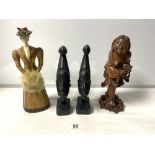 A CARVED ORIENTAL FIGURE OF A FISHERMAN (30CMS) A PAIR OF TRIBAL BUSTS AND A FIGURE OF A LADY