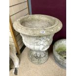 A 20TH CENTURY TWO PART GARDEN URN WITH FLUTED SIDES AND LION RING HANDLES, 66 X 54CMS